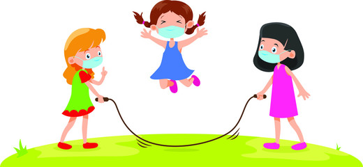 3 girls are using medical mask while playing jumping rope together illustration