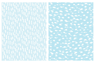 Simple Abstract Spots Seamless Vector Patterns. White Irregular Brush Spots and Stripes on a Light Blue Background. Lovely Geometric Pastel Color Delicate Backdrop. Funny Freehand Repeatable Print.