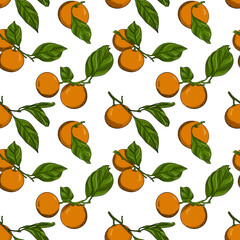 seamless pattern with tangerines on branches with leaves. Color vector pattern with citrus fruits. Elements are hand-drawn on a white background. juicy summer pattern for packaging and textiles