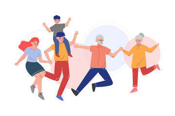 Happy Family Jumping Together, Father, Mother and Their Children Having Fun Vector Illustration