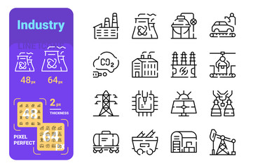 Set industry simple lines icons of energy, pollution, processing.
