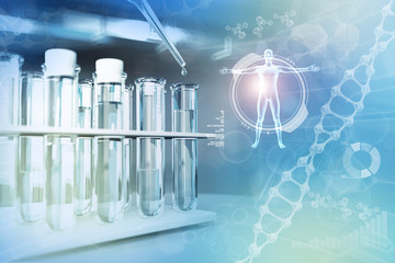 potable water quality test for viruses (like covid-2019) concept - lab proofs in modern biotechnology research clinic, medical 3D illustration