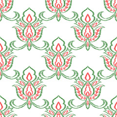 Red Ikat Art Vector Seamless Pattern. Floral Rug 