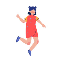 Teenage Girl Happily Jumping, Happy Child in Red Dress Having Fun Vector Illustration