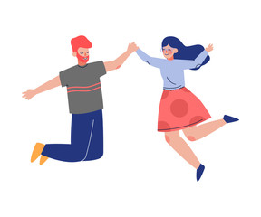 Fototapeta na wymiar Happy Couple Happily Jumping Holding Hands, Young Man and Woman Having Fun Together Vector Illustration