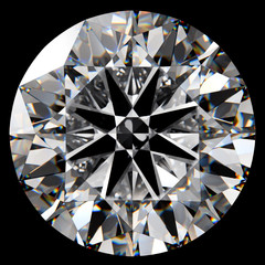 Round brilliant cut diamond closeup front view isolated on black background