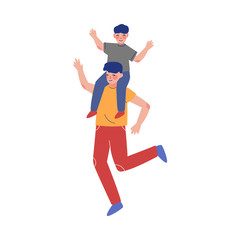 Fototapeta na wymiar Dad Jumping with Son on His Shoulders, Happy Family Having Fun Together Vector Illustration