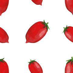 Hand drawn square illustration with red tomato in realistic style. Seamless pattern with oblong red tomato with ponytails on a white background.