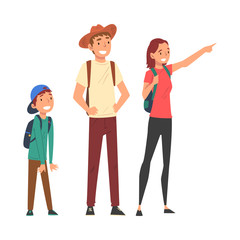 Fototapeta premium Happy Family Travelling and Sightseeing on Vacation, Smiling Father, Mother and Their Son Characters Vector Illustration