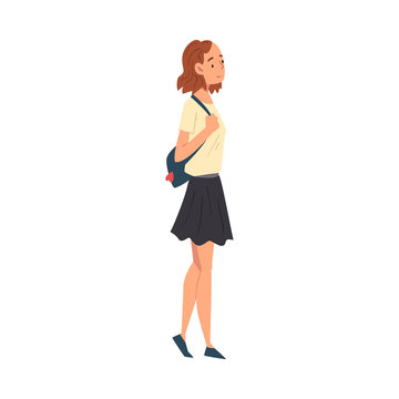 Young Woman in Casual Clothes Walking with Bag, Girl Travelling and Sightseeing on Vacation Vector Illustration