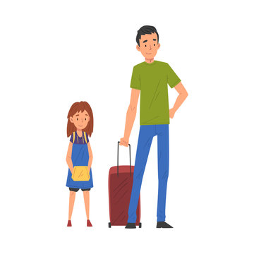 Father and His Daughter Travelling Together on Vacation with Suitcase Vector Illustration
