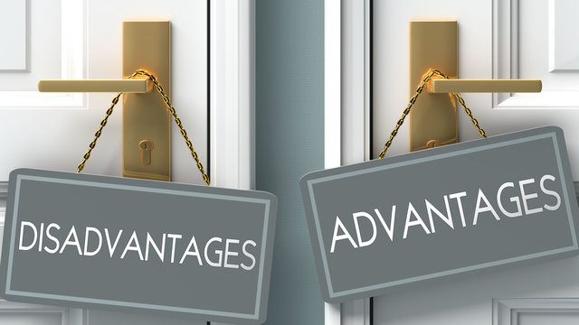 advantages or disadvantages as a choice in life - pictured as words disadvantages, advantages on doors to show that disadvantages and advantages are different options to choose from, 3d illustration