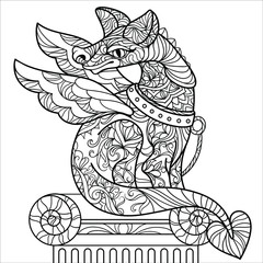 Coloring page anti stress for adults with dragon form legend with black and white background and pattern 