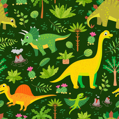 Fototapeta na wymiar A Childish dinosaurs and tropical leaves pattern