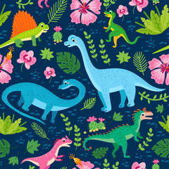Obraz na płótnie Canvas A Childish dinosaurs and tropical leaves pattern