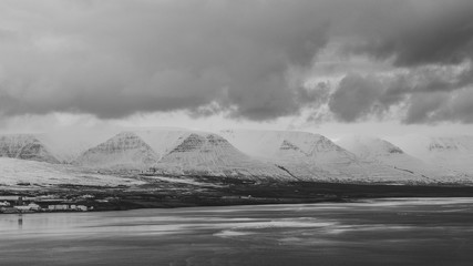Cold and snow-covered mountain tops of Iceland. 