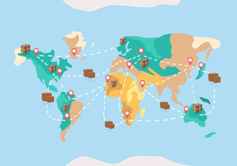 Vector illustration of worldwide delivery of goods and global commerce. Boxes with goods on the background of the world map and conceptually their delivery from one city to another