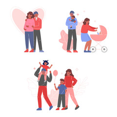 Fototapeta premium Happy Families Collection, Couple Expecting Baby, Walking with Pram, Parents and Their Children Spending Good Time Together Vector Illustration