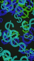 Multicolored translucent dollar signs on dark background. Green tones. 3D illustration