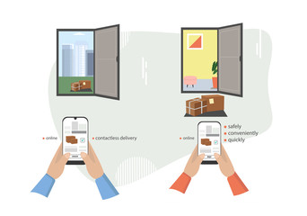 Conceptual vector illustration of contactless delivery and ordering goods through mobile applications and online shopping. Delivery to the door of the house