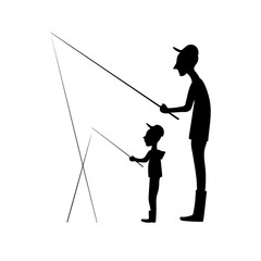 Grandfather and litlle boy with fishing rod. Vector black silhouette image.