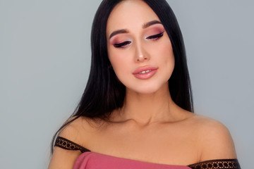 The concept of a cover for a women's fashion magazine, advertising leaflets for cosmetics sales, a diploma for makeup artists. The face of the model with natural makeup.