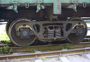 Obraz na płótnie Canvas Metal wagon wheels on railway rails