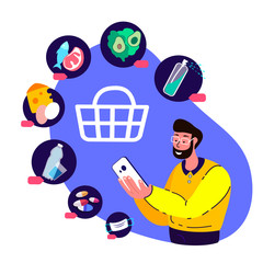 Coronavirus Epidemic Quarantine.Young Man Shop Online.Consumerism on Smartphone Mobile App.Buy at Home,Purchase Medical Face Mask,Antiseptic,Disinfector,Food.Survive COVID 19. Flat vector illustration