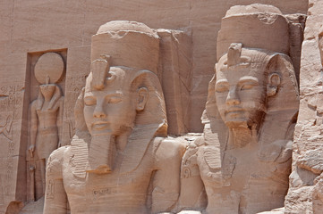 Exterior of main ancient egyptian temple at Abu Simbel with statues