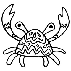 Outline tribal crab on white isolated backdrop. Pagurian for invitation and gift card, tattoo parlor or seafood store logo, bath tile. Phone case or cloth print. Doodle style stock vector illustration