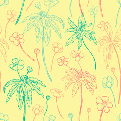 Fototapeta na wymiar Buttercup Anemone flowers, wild plants decorative wallpaper. Hand drawn vector vintage seamless pattern. Botanical abstract gentle floral background. Colorful design for wrap, textile, print, fabric.