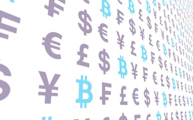 Bitcoin and currency on a white background. Digital crypto currency symbol. Business concept. Market Display. 3D illustration