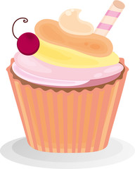 Sweet cupcake.  Isolated on white background.  Muffin icon. Yummy dessert decorated. For design menu, cafe decoration,  greeting cards. Vector illustration