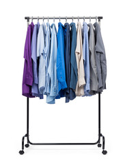 Mobile hanger with shirts isolated on white background. File contains a path to isolation