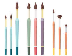 Set of different paint brushes. Art supplies in flat style.
