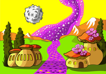 children's illustration. A fabulous landscape of mushroom houses in the middle of a paved road stretching into the distance. Design of postcards, books, wallpaper, photo wallpaper
