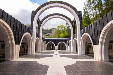 Basilica Sanctuary of Meritxell, located in the parish of Canillo, Andorra. It is the most religious temple in Andorra. - obrazy, fototapety, plakaty