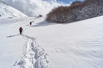 Fototapeta na wymiar Panorami invernali in trekking sulla neve