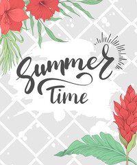 Summer Time. Background with tropical flowers and palm leaves