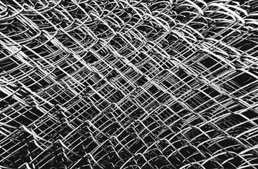 Distress old rusted peeled, scrathed vector texture with metal net, wire, cage, crossed stripes. Black and white grunge background.