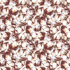 Seamless pattern of realistic dry cotton boxes and buds. Colorful elegant texture of natural plants in chaotic order. Watercolor hand painted isolated elements on white background.