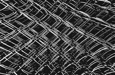 Distress old rusted peeled, scrathed vector texture with metal net, wire, cage, crossed stripes. Black and white grunge background.