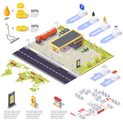 gas station Infographic filling, dangerous substance truck, isometric 3d illustration.
