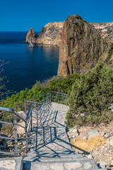 Stone staircase after renovation on the trail leading from St. George Monastery to Jasper Beach,...