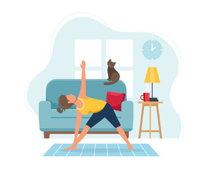 Stay home concept. Woman doing yoga in cozy modern interior. Vector illustration in flat style