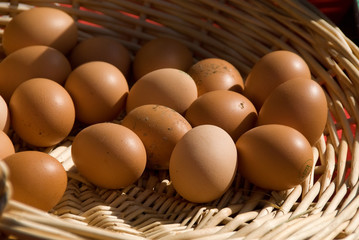 Braune Eier im Korb vom Markt