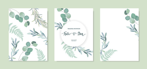 Set of floral card with eucalyptus leaves. Greenery frame.Rustic style. For wedding, birthday, party, save the date. Vector illustration. Watercolor style