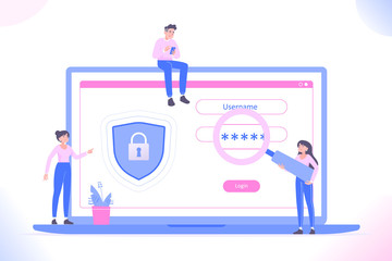 Login or create account concept. Young people interacting with laptop, security lock and shield on laptop screen, username and password near them, account security and registration vector illustration