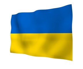 The flag of Ukraine on a white background. National flag and state ensign. Blue and yellow bicolour. 3D illustration waving flag
