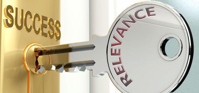 Relevance and success - pictured as word Relevance on a key, to symbolize that Relevance helps achieving success and prosperity in life and business, 3d illustration